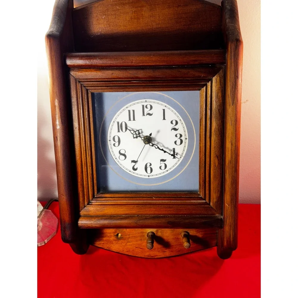 Vintage Possible NOEL Woodcraft Wall Clock with Key Hooks Dark Wood